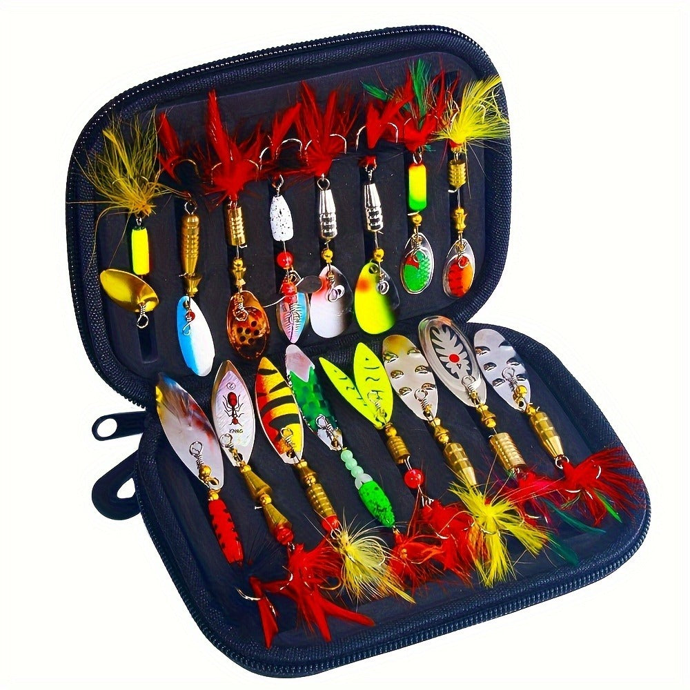 Fishing Lure Set 16-Piece Metal Spinner Spoon Baits with Feathered Single Hooks, Mixed Colors and Zipper Storage Case