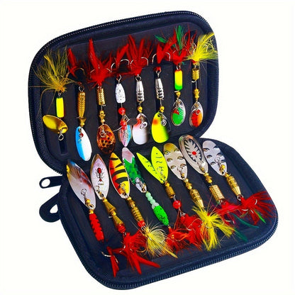 Fishing Lure Set 16-Piece Metal Spinner Spoon Baits with Feathered Single Hooks, Mixed Colors and Zipper Storage Case