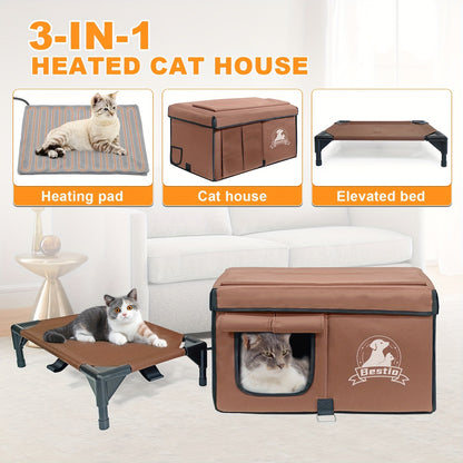 Heated Cat House 3-in-1 with Removable Warming Pad, Elevated Cat Bed for Indoor & Outdoor Cats, Chew-Resistant Cord, Double Door Cat Cave