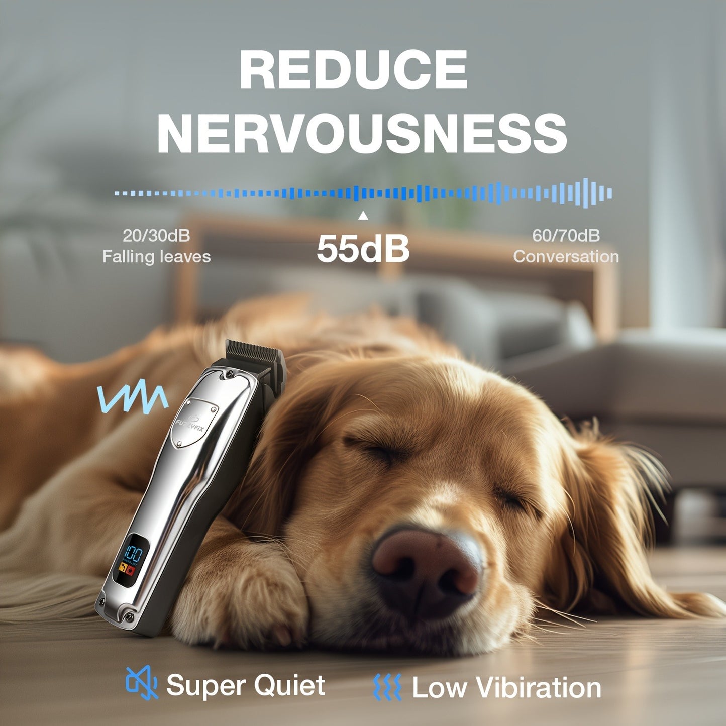 Dog Grooming Clippers Professional Kit – Low Noise Rechargeable Pet Hair Trimmer with Ceramic Blade, 8 Guards, Scissors & Comb for Dogs