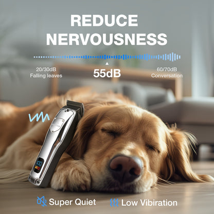 Dog Grooming Clippers Professional Kit – Low Noise Rechargeable Pet Hair Trimmer with Ceramic Blade, 8 Guards, Scissors & Comb for Dogs