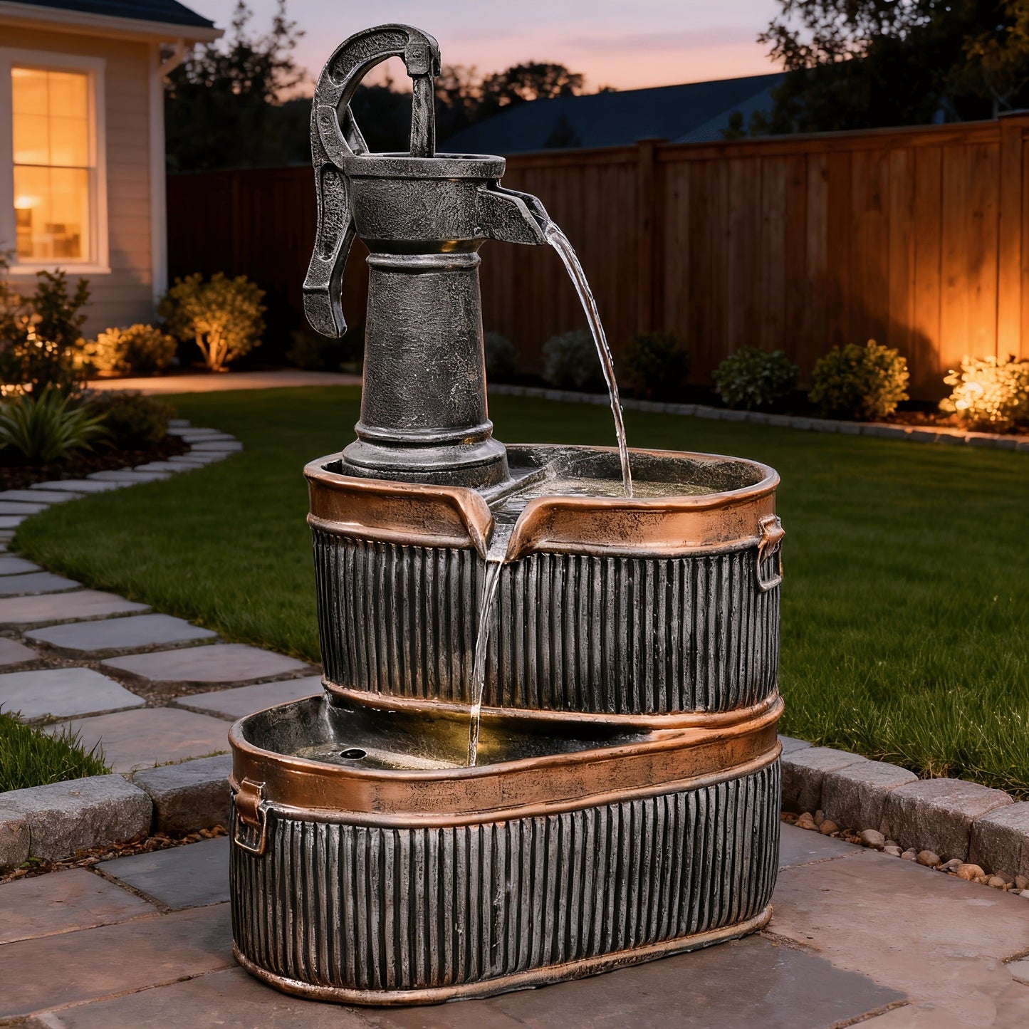 Outdoor Water Fountain 2-Tier Barrel with LED Light & Pump - Rustic Resin Garden Fountain for Patio