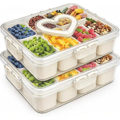 Storage Containers with Lids, Snack Tray Two-Pack with Four or Eight Removable Compartments and Snap Lids