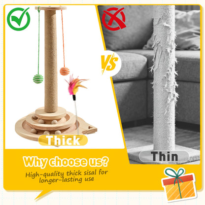 Multi-Level Sisal Cat Scratching Post 4-in-1 with 6 Wooden Balls 2 Hanging Balls & 2 Feather Teaser Toys – Premium Thickened Sisal Anti-Slip