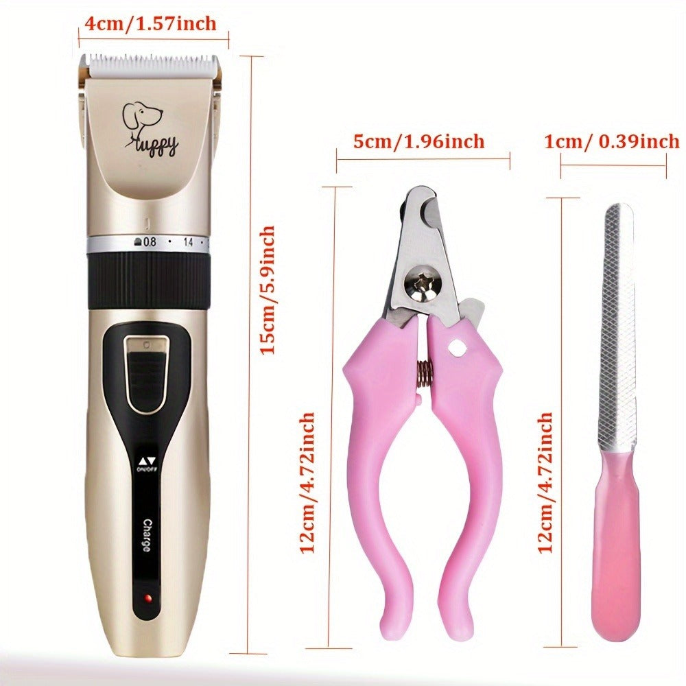 Pet Hair Clipper Kit, Furry 12-in-1 USB-Rechargeable Trimmer with Adjustable Blade and Five Guide Combs