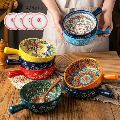 Ceramic Bowl Set with Lids 8-Piece Bohemian Soup Noodle Salad Bowls, for Home Cooking, Dining and Outdoor Meals