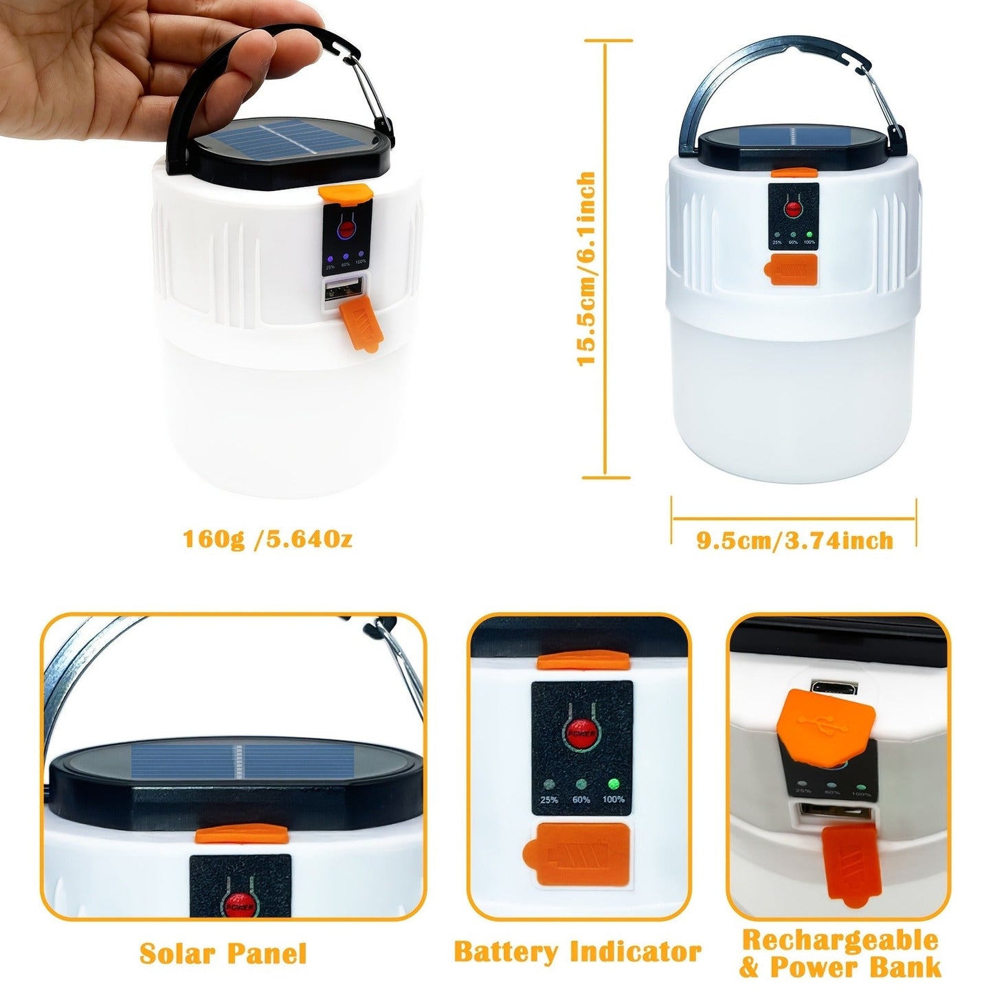 Solar Camping Lantern Four-Pack with USB-C Charging, Three Lighting Modes, Power Display and Carry Handles