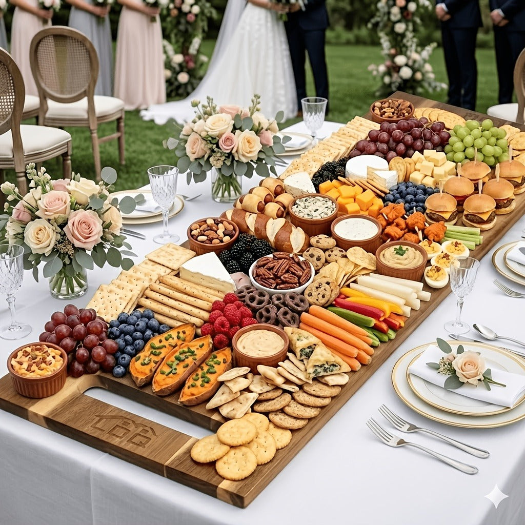 Extra-Long 36 x 11-Inch Wood-Color Charcuterie Board with Recessed Handles and Two Display Stands