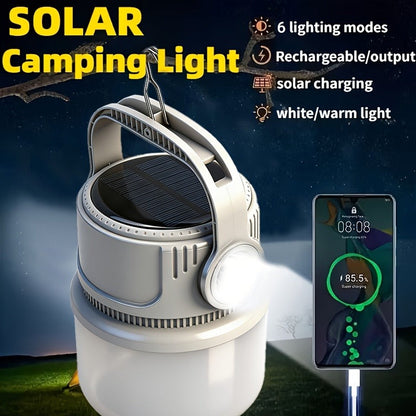 Solar LED Camping Light with Hook – 6 Modes, USB-C Rechargeable, 300LM, IPX4 Waterproof, Emergency Power Bank
