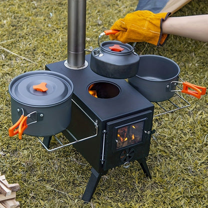 Portable Wood Stove with Chimney Pipe Set, Folding Legs, Side Shelves and Silver or Black Finish Options