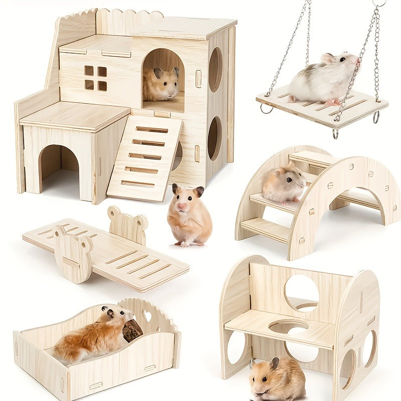 Hamster Cage Accessories 6-Piece Wooden Set – Running Wheel, Villa House, Swing, Nesting House for Hamsters Guinea Pigs Gerbils
