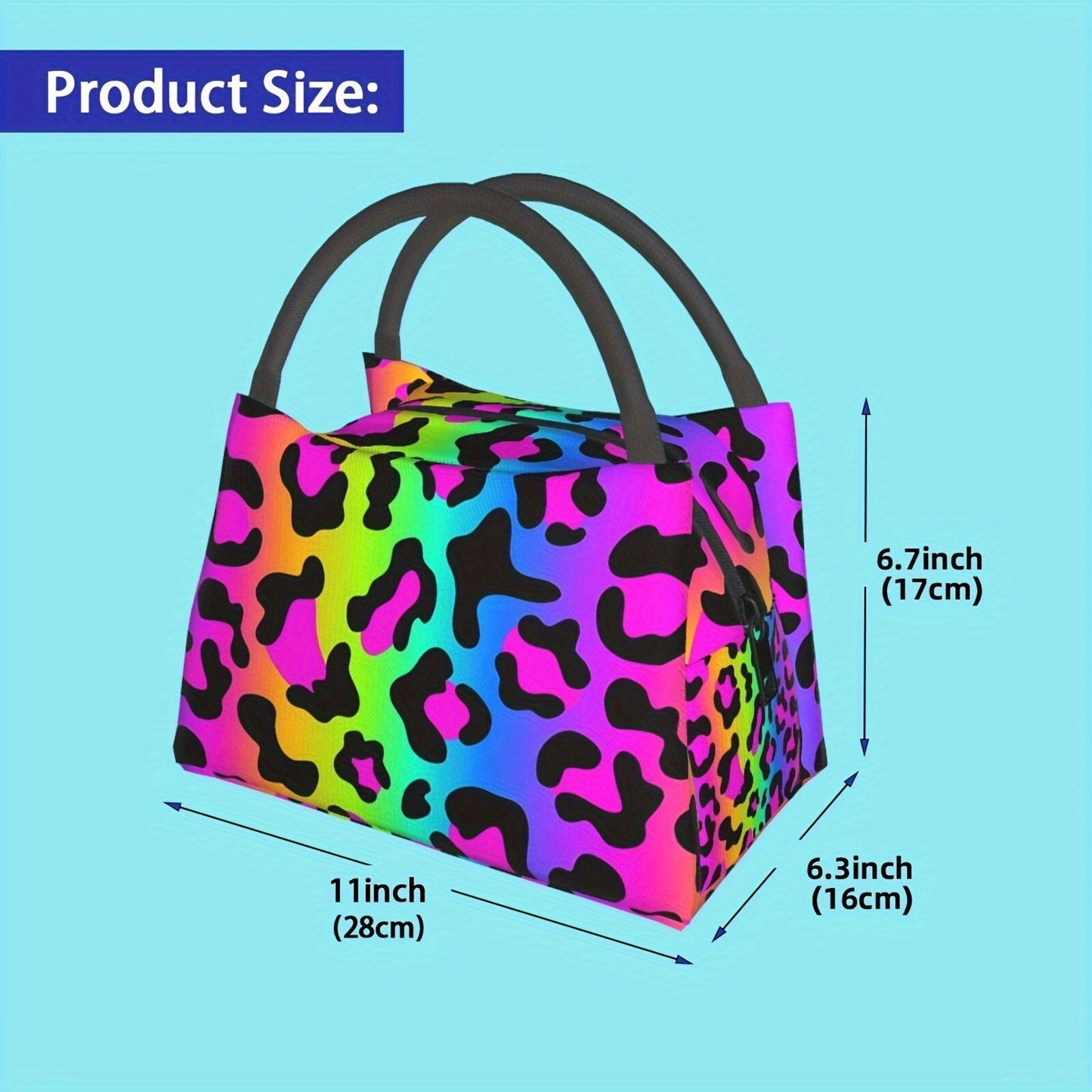 Multicolor Leopard-Print Lunch Tote with Black Handles in an 11 x 6.5 x 7-Inch Checkout Pictured