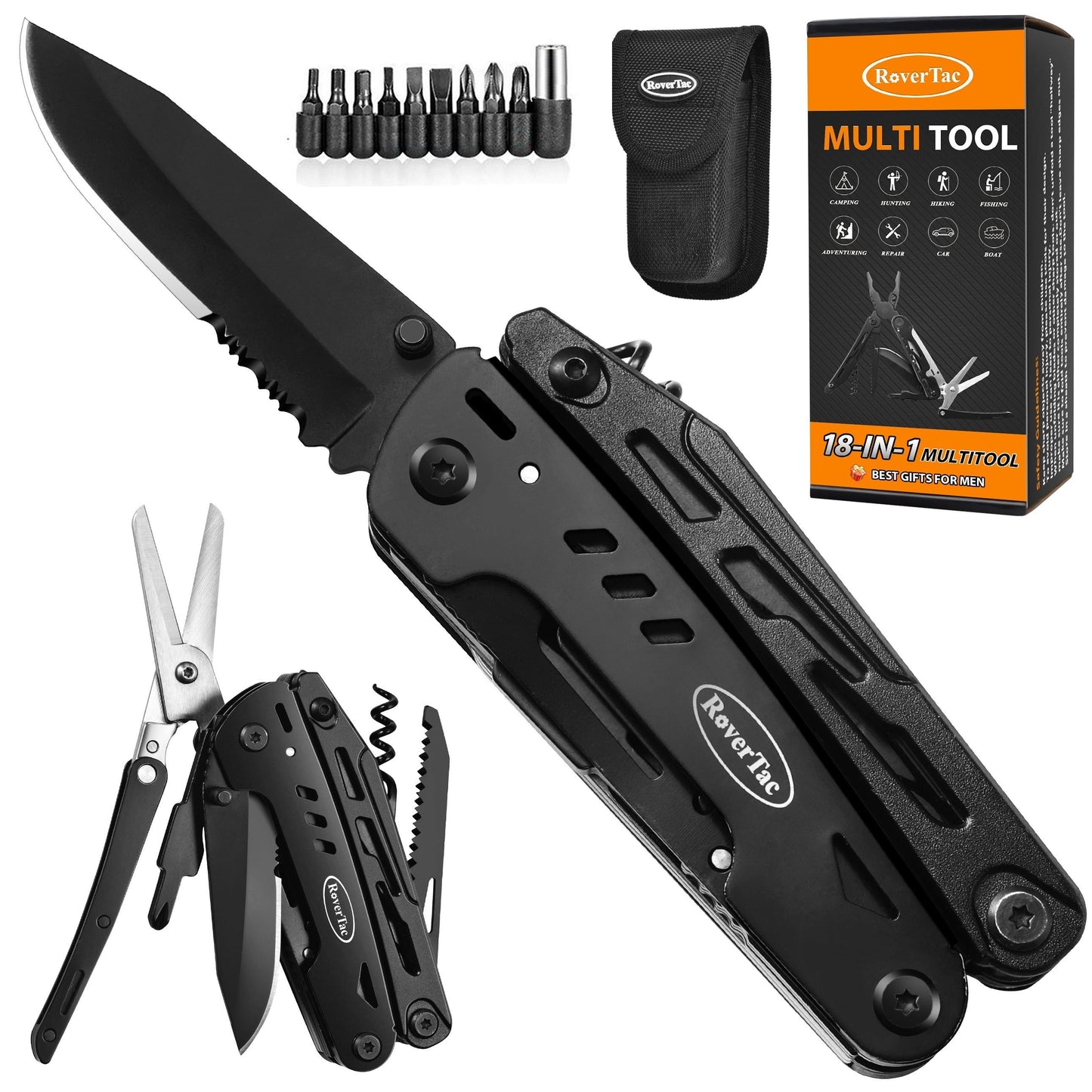 18-in-1 Stainless Steel Multitool Pocket Knife – Pliers, Scissors, Saw, Corkscrew & 9 Screwdrivers with Safety Lock & Nylon Sheath