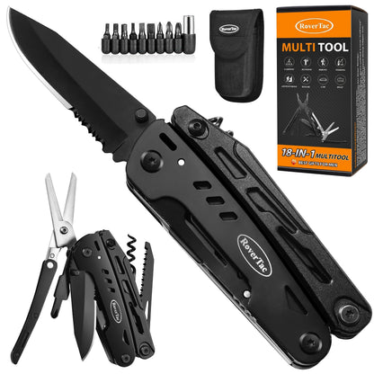 18-in-1 Stainless Steel Multitool Pocket Knife – Pliers, Scissors, Saw, Corkscrew & 9 Screwdrivers with Safety Lock & Nylon Sheath