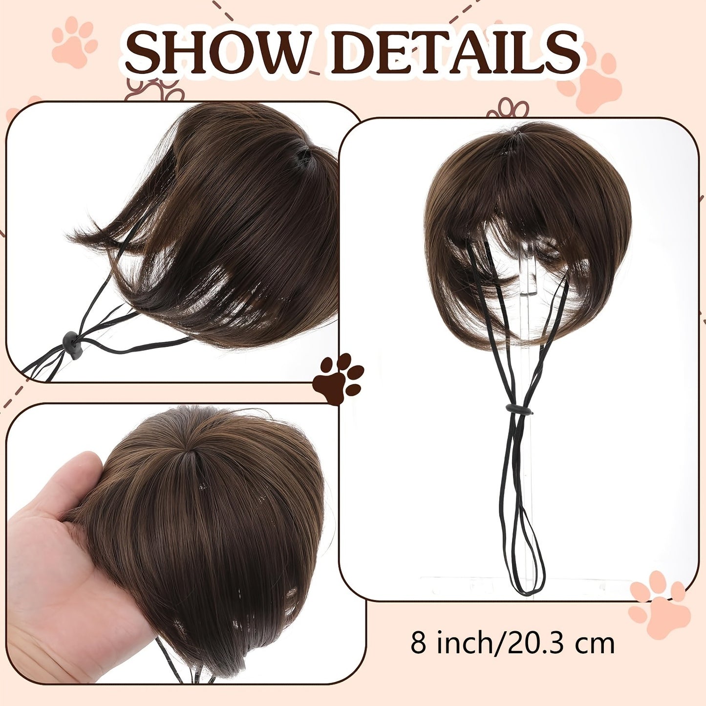 Dog Wig Costume for Small Medium Dogs, Funny Pet Hair Headpiece Adjustable Heat-Resistant Trimmable Black Brown Wig for Halloween Christmas