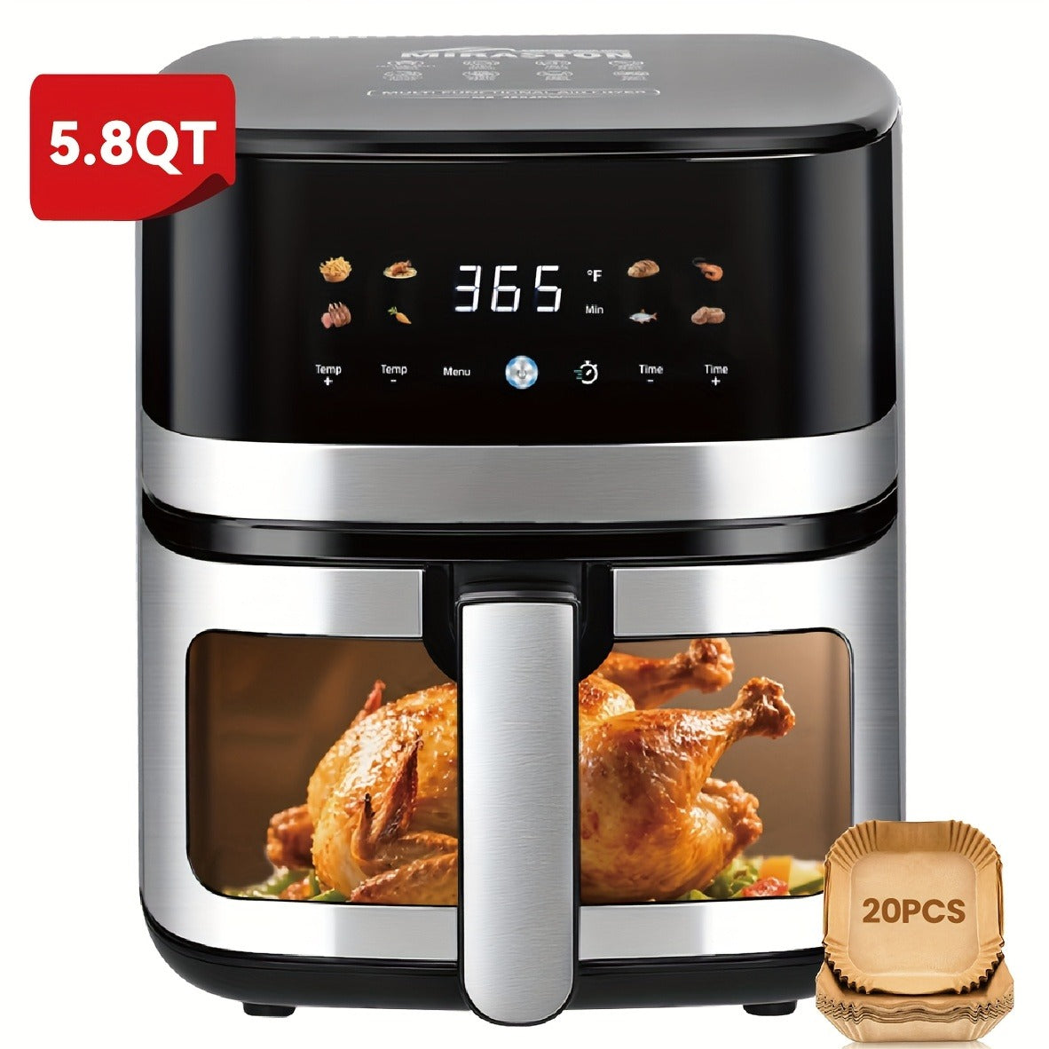 5.8Qt Air Fryer with Touchscreen Control Panel, Viewing Window, Eight Presets and 20 Paper Liners