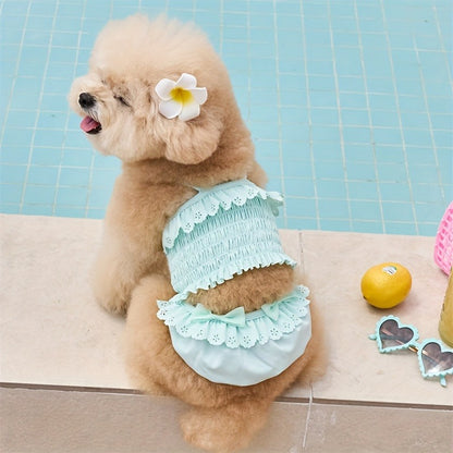 Dog Swimsuit Sky Blue Jumpsuit with Swim Cap – Pet Beach Vacation Outfit Bikini Vest for Dogs & Cats, Summer Swimming Costume