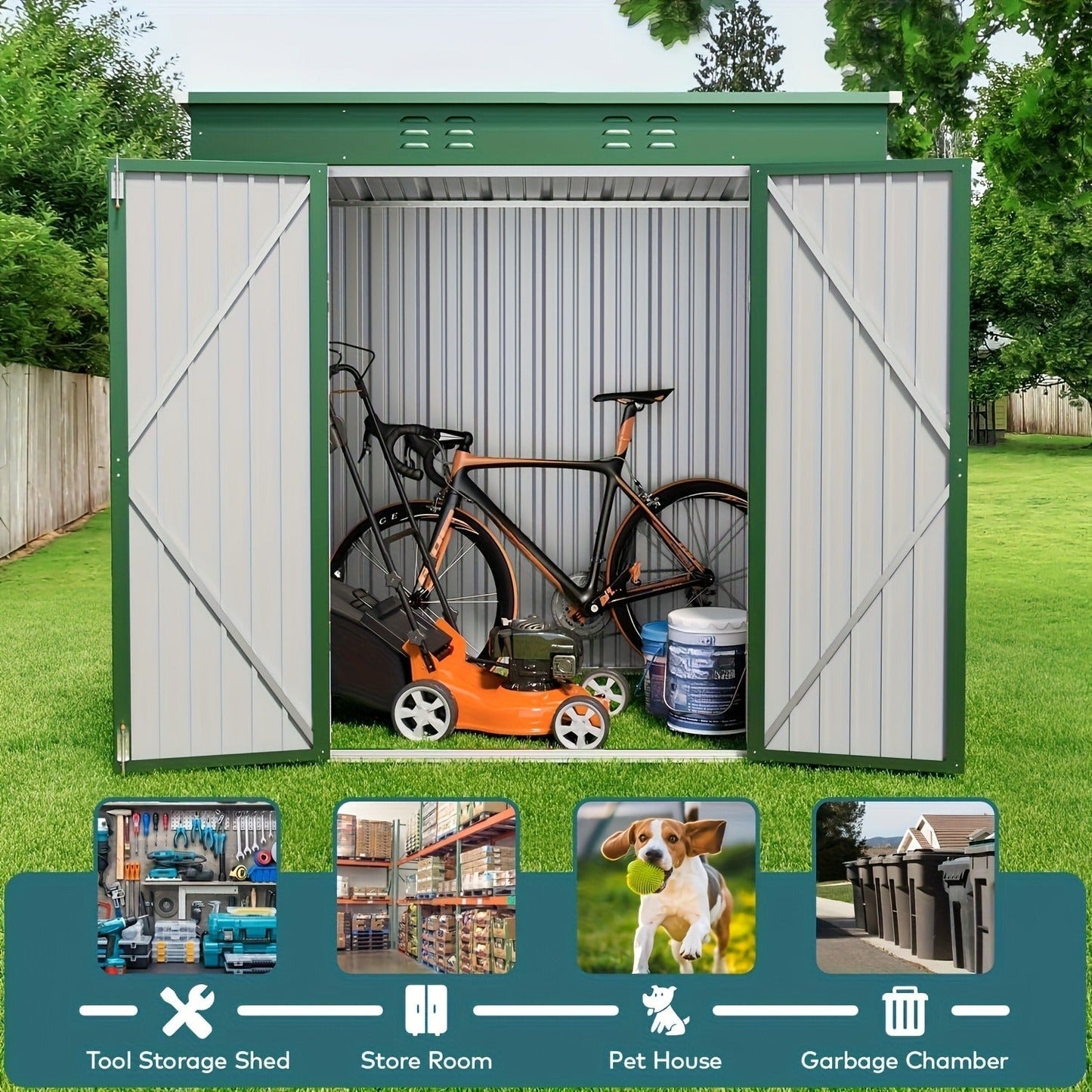 Metal Outdoor Storage Shed with Double or Single Doors in Grey, Green or Brown Checkout Models