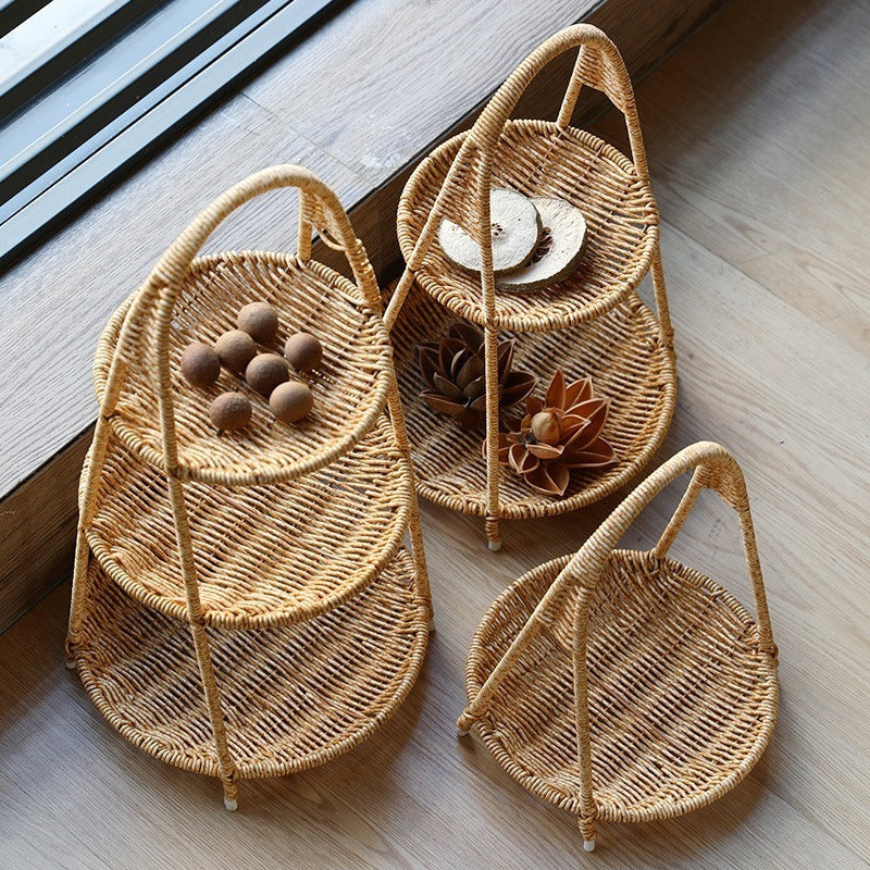 Round Tiered Serving Tray with Woven-Look Frame in Single- or Two-Layer Light Coffee Configurations