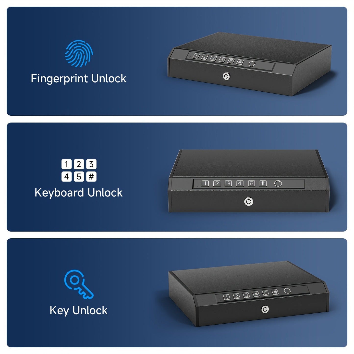 Biometric Gun Safe Fingerprint Digital PIN & Key Unlock 3-Way Access Internal Light Silent Mode Emergency Power Supply Gun Lock Box for Home