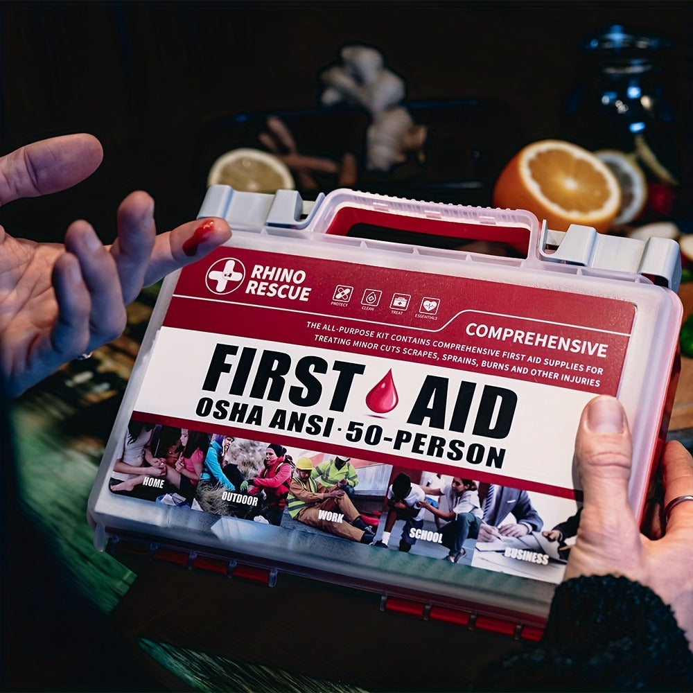 RHINO RESCUE 266-Piece First Aid Kit with Clear Handled Hard Case, Divided Trays and Packed Supplies