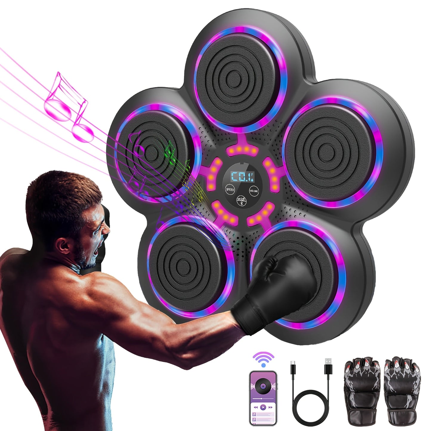Wall-Mounted Five-Pad Boxing Target with Music Controls and Black or Upgraded-Lighting Checkout Options