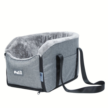 Open-Top Pet Carrier Car Seat Tote with Padded Rim, Attachment Straps, Interior Clip and Grey Fabric Exterior