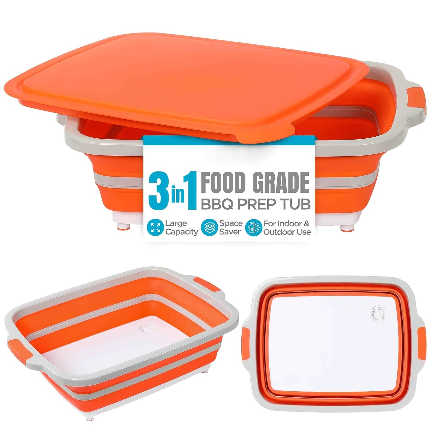 Collapsible BBQ Prep Caddy with Cutting Board & Lid – 3-in-1 Foldable Grill Preparation Tub, Food-Safe Plastic