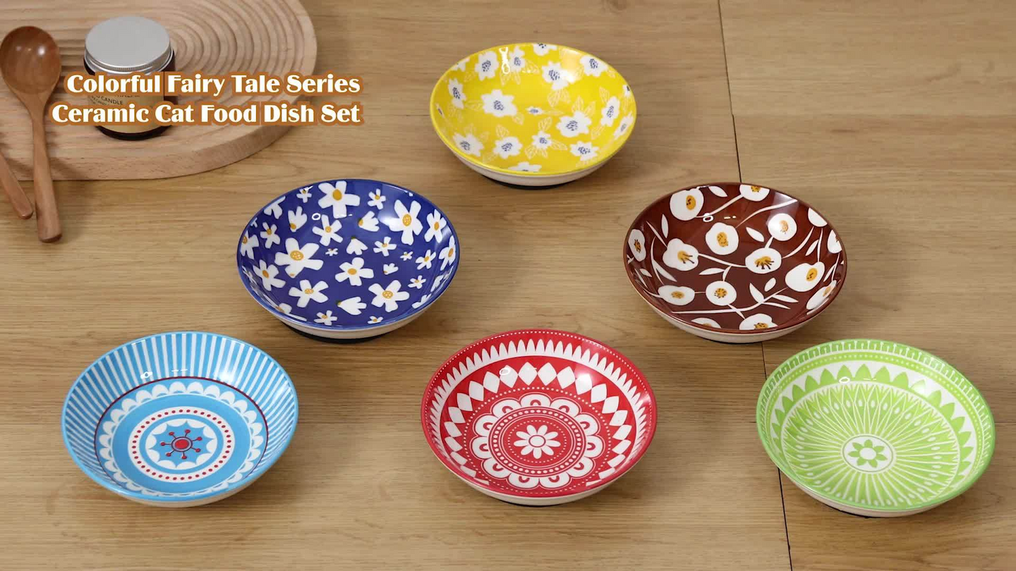 Ceramic Cat Bowls Set of 6 – Shallow Wide Cat Food Plate Whisker Friendly with Non-Slip Mat, Fairy Tales Colorful Design