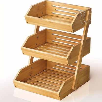 Fruit Basket Stand 2 & 3 Tier Wooden Countertop Organizer Large Capacity Kitchen Storage for Fruits Vegetables Bread Produce with Banana