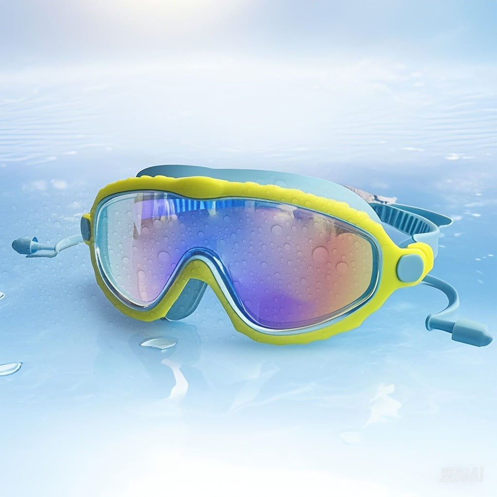 Kids Wide-Lens Swim Goggles with Attached Earplugs, Adjustable Strap and Blue or Pink Frame
