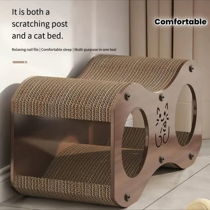 Cat Scratching Post with Integrated Cat Bed – Sturdy Walnut Wood Base, 4-Season Woven Scratch Pad, Indoor Cat Scratcher Lounge