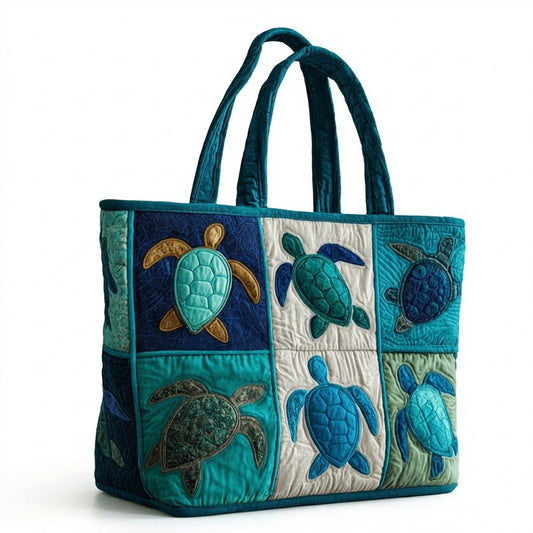 Sea Turtle Patchwork Tote Bag with Quilted Panels, Teal Handles and 17 x 15.75-Inch Checkout Size