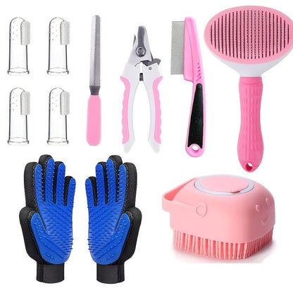 Pet Grooming Tool Set with Brushes, Combs, Nail Tools and Pink or Blue 9-Piece or 11-Piece Options