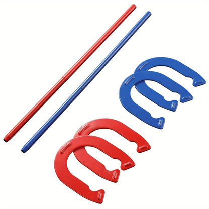 Horseshoes Game Set Heavy Duty – 4 Forged Steel Horse Shoes & 2 Stakes, 1.2lb Each, Red & Blue – Outdoor Lawn Game for Adults & Family