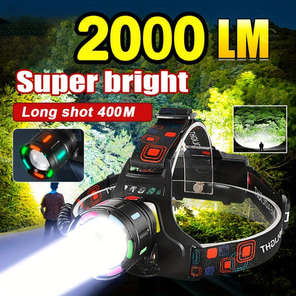2000LM-Labeled Rechargeable Zoom Headlamp with Four Modes, 400m Beam Label, Rear Red Lamp and 90° Tilt