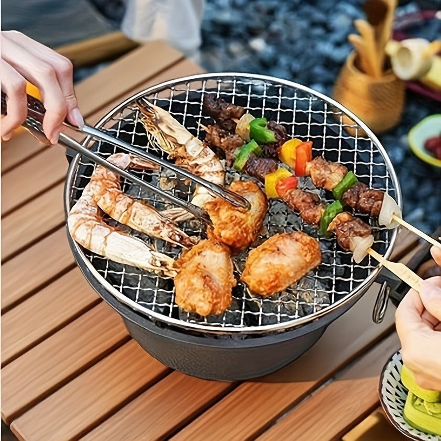 10.6-Inch Round Charcoal Grill Set with Cast-Iron Body, Cooking Grid, Wooden Base and Tongs