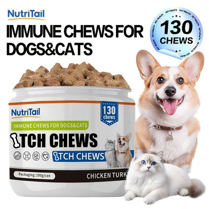Pet Soft Chews for Skin & Hair, Probiotics & Calming – 200g / 130 Chewable Tablets, Moisturizes Skin, Maintains Coat