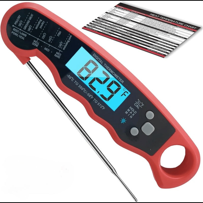 Red and Black Folding Digital Food Thermometer with Backlit Display, Calibration Mode, Unit Switch and Hanging Loop