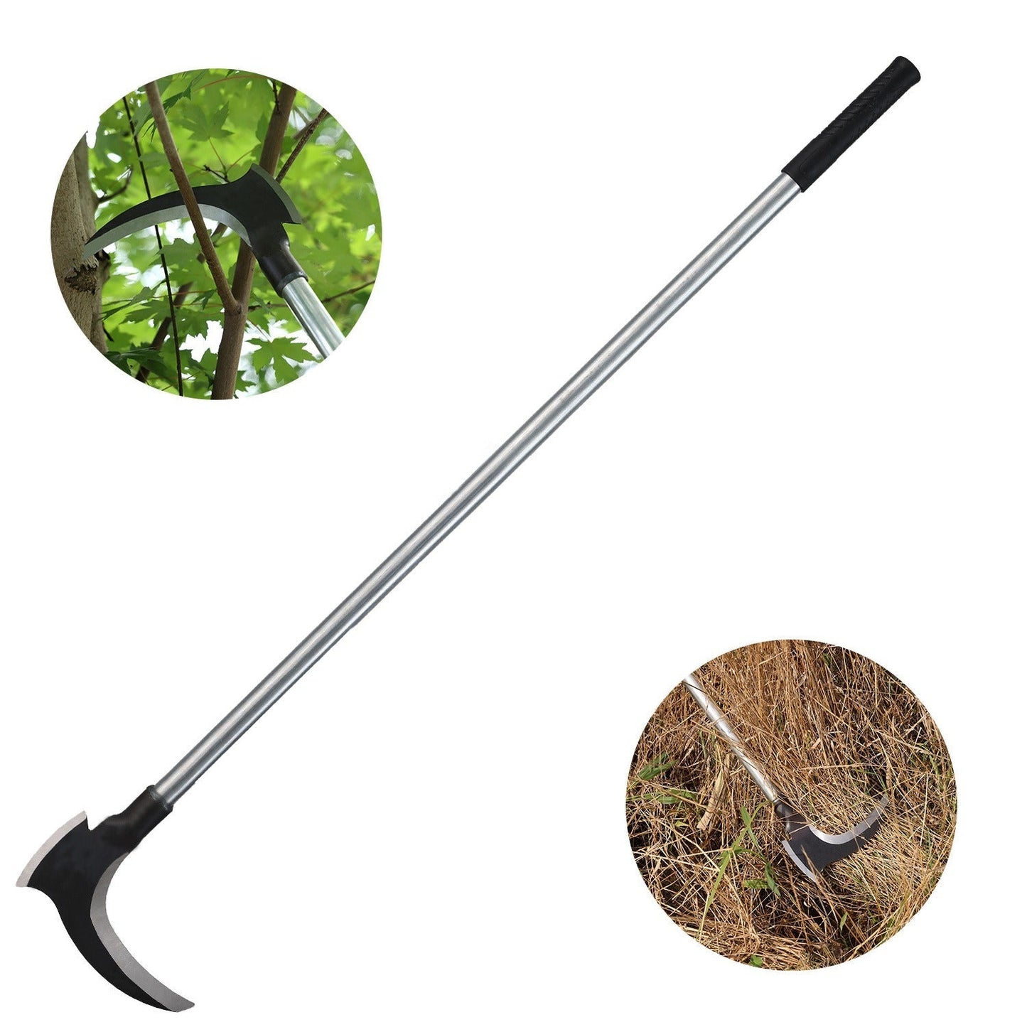Garden Sickle Double Blade High-Manganese Carbon Steel with 39-Inch Handle, Sharp Curved Weeding Scythe for Grass Cutting