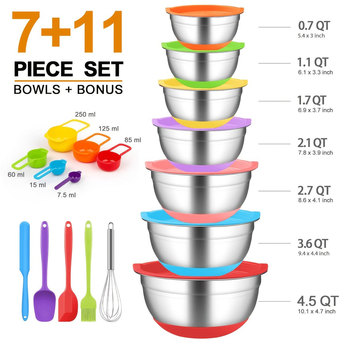 Stainless Steel Mixing Bowls Set with Airtight Lids 7 Piece, Stackable Nesting Bowls with Measuring Spoons Whisk Spatula Tongs Basting