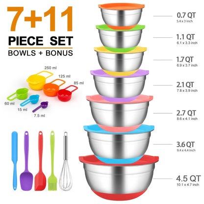 Stainless Steel Mixing Bowls Set with Airtight Lids 7 Piece, Stackable Nesting Bowls with Measuring Spoons Whisk Spatula Tongs Basting
