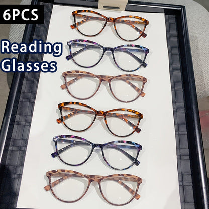 Reading Glasses – Six-Pair Floral Cat-Eye Reader Set with Spring Hinges in Seven Strengths