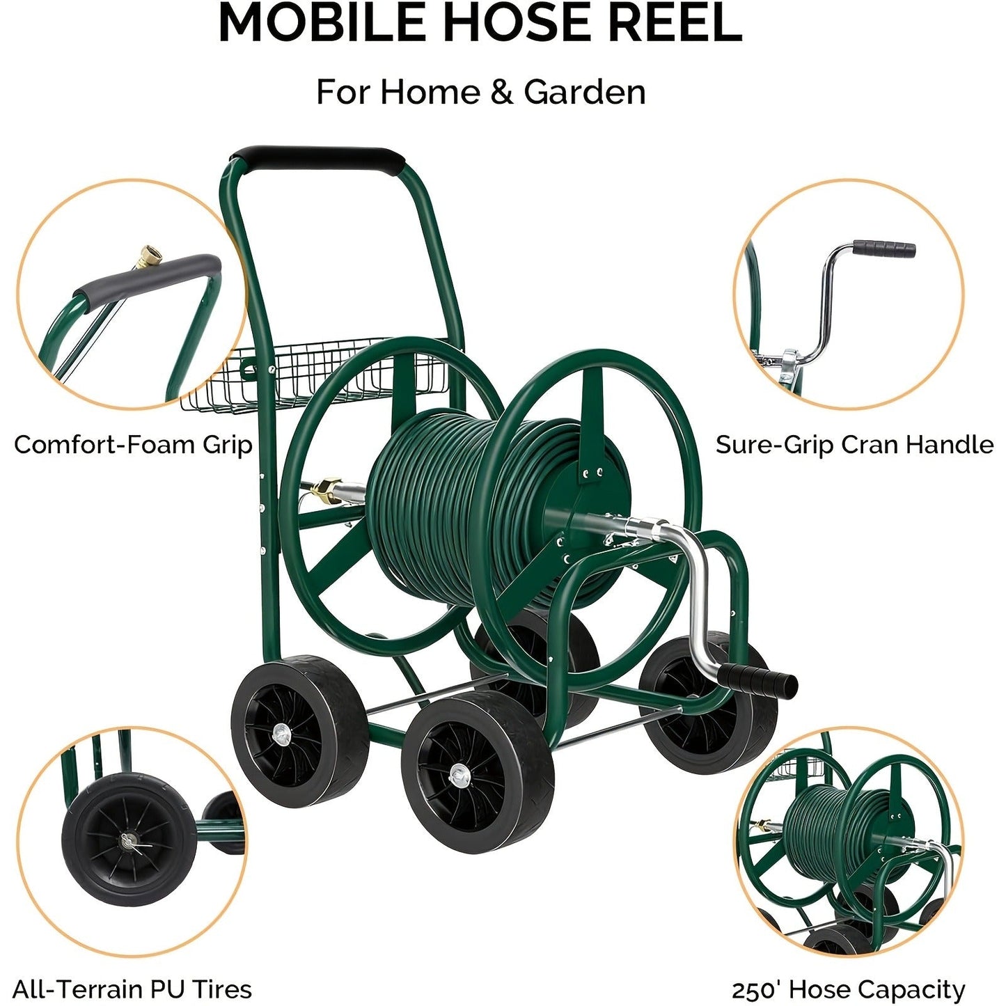 Garden Hose Reel Cart | 250ft Capacity, Heavy-Duty Steel, 4 Wheels & Storage Basket