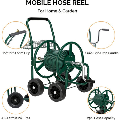 Garden Hose Reel Cart | 250ft Capacity, Heavy-Duty Steel, 4 Wheels & Storage Basket