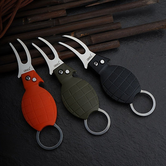Three-Piece Folding Golf Divot Tool Set with Spring-Button Fork, Curved Hook, Whistle and Key Rings