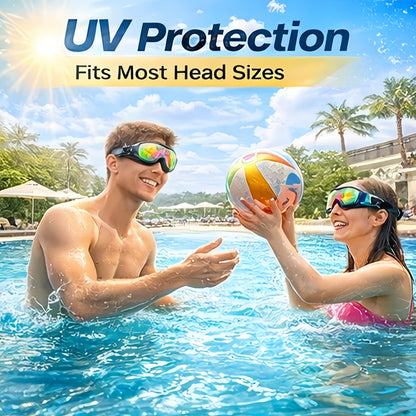 Two-Pack Wide-Lens Swim Goggles with Mirrored Blue-Green Lenses, Adjustable Straps, Case and Accessories