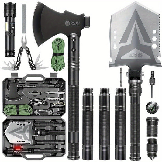 Folding Camping Shovel Axe Kit, Multifunctional Survival Tactical Shovel with Paracord, Dual Color Flashlight & Whetstone