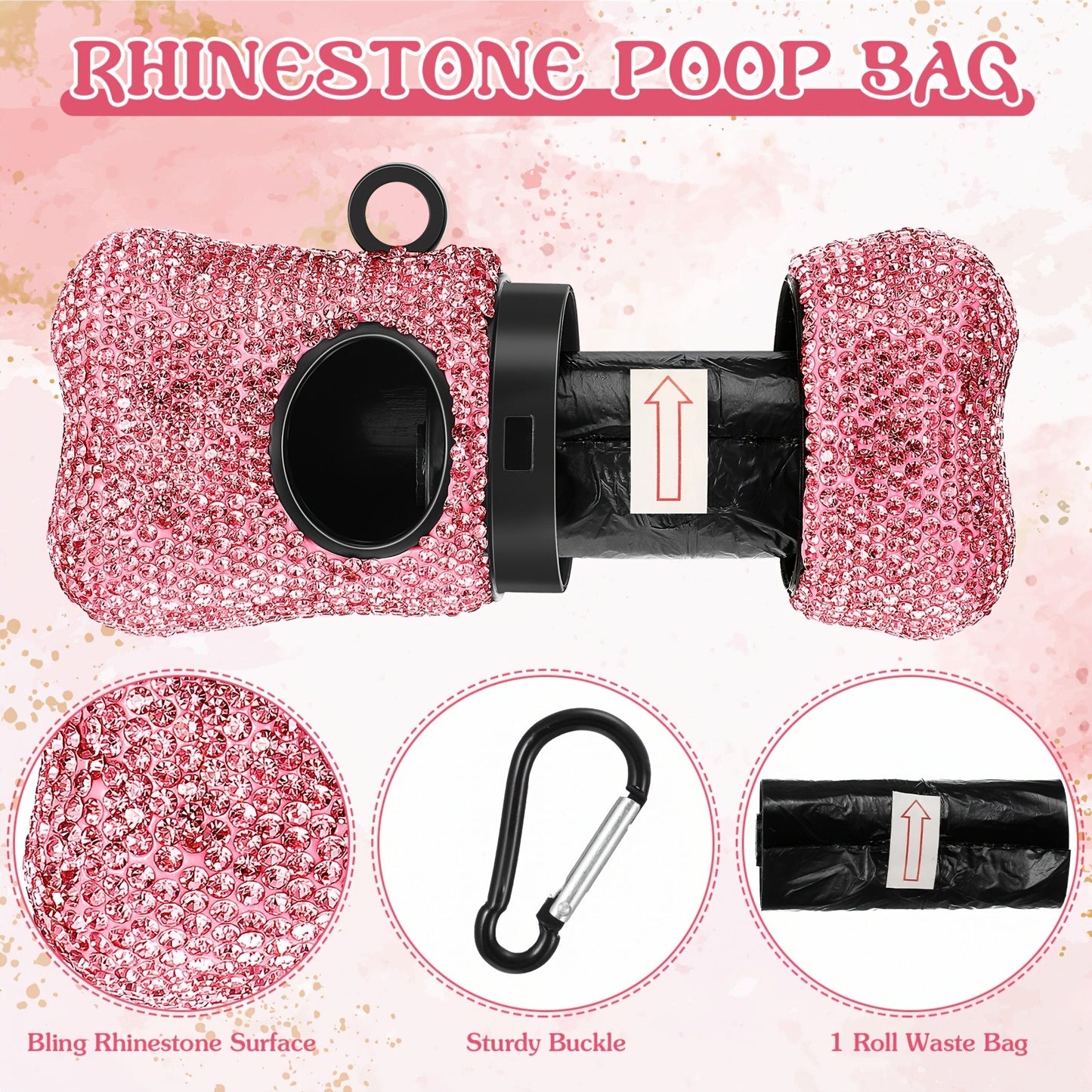 Retractable Dog Leash Set of 2 with Rhinestone Decoration, Pink Bone-Shaped Waste Bag Dispenser & Metal Clip