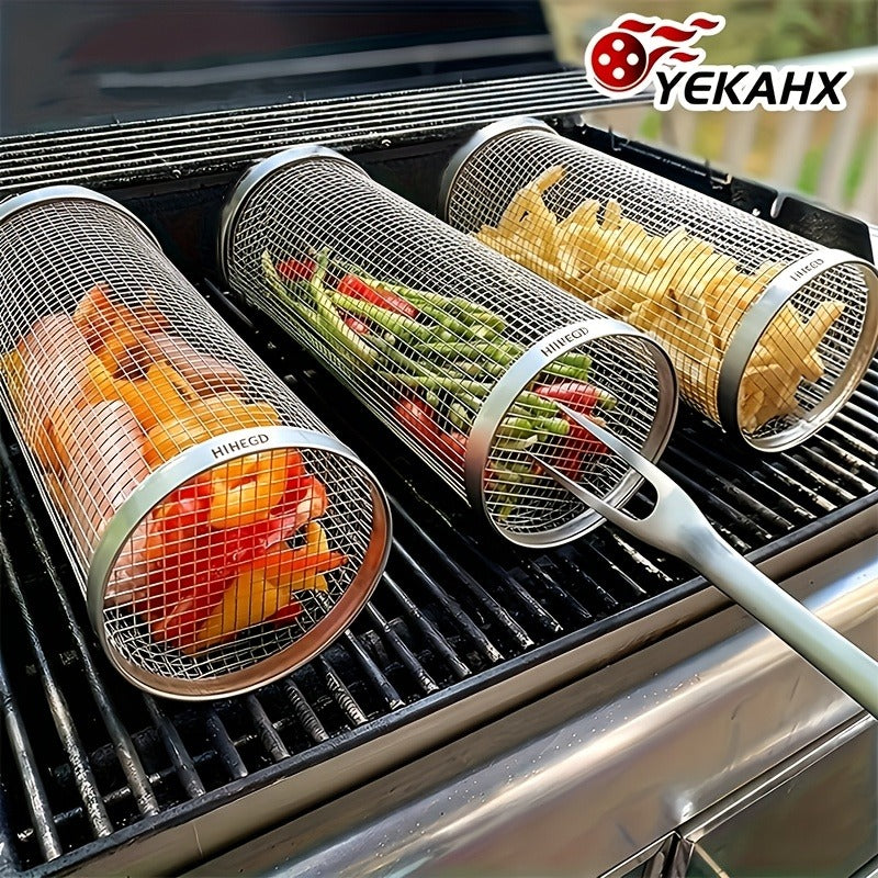 Rolling Grill Basket Stainless Steel 2-Pack, Cylinder BBQ Basket with Hook & Fork for Vegetables